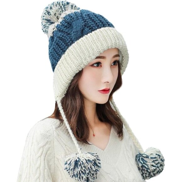 Women Lake blue Winter Peruvian Cover Ears Beanie Hat Ear Flaps Sherpa Snow